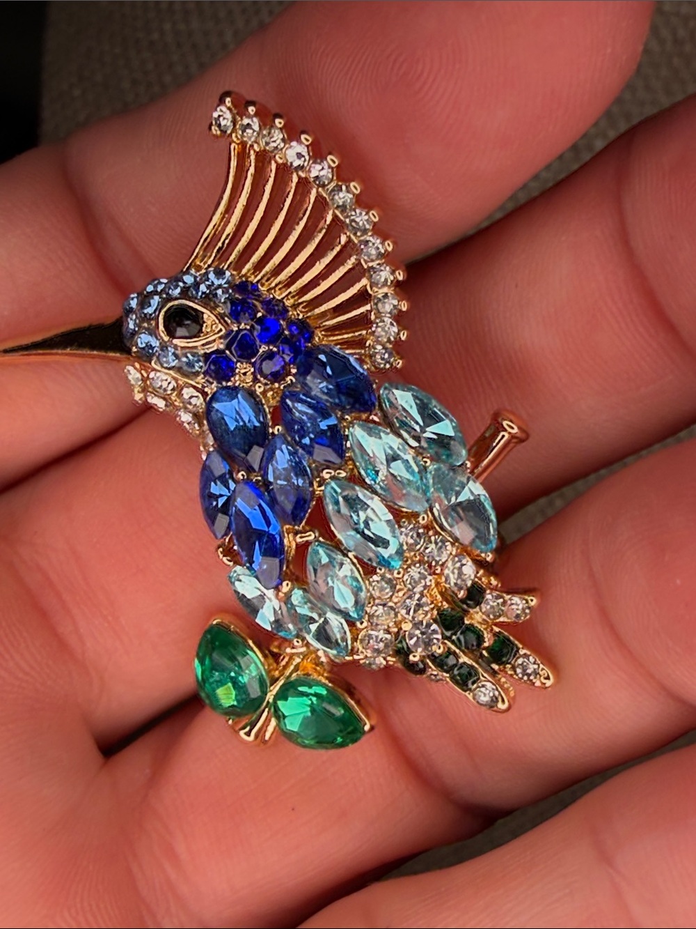 Gold-tone Crystal Bird Brooch with Blue and Green Rhinestones